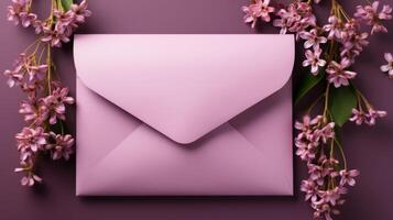 A pink envelope with a flower on it photo
