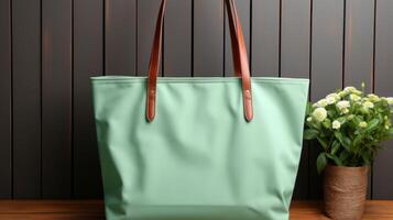 A green purse with a brown strap sits on a table next to a potted plant photo