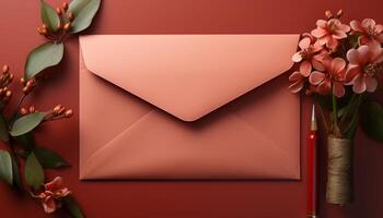 A red envelope sits on a table with a red pencil and some flowers photo