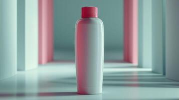 A bottle of shampoo is sitting on a white surface photo