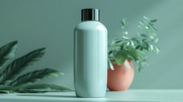 A bottle of lotion sits on a table next to a plant photo