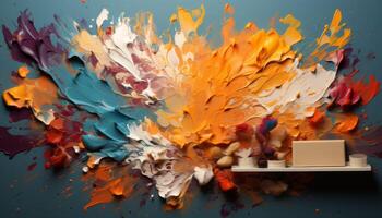 A painting of a colorful explosion of paint with a shelf of brushes photo