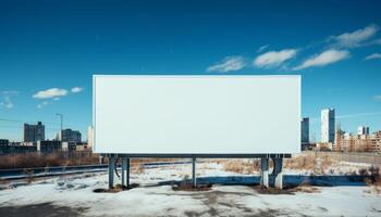A large white billboard is standing in a snowy field photo