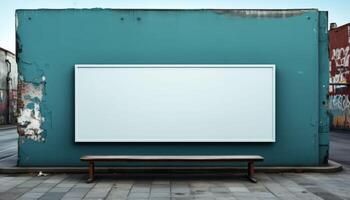 A white billboard sits on a bench in front of a blue wall photo