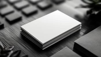 A stack of white business cards sits on a table photo