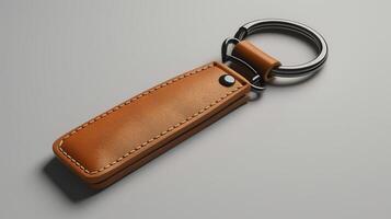 A brown leather key chain with a silver clasp photo