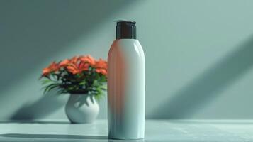 A bottle of lotion sits on a table next to a vase of flowers photo