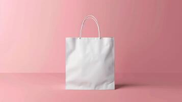 A white shopping bag is on a pink background photo