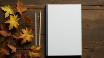 A white notebook sits on a wooden table with two pencils photo