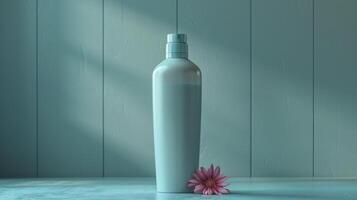 A bottle of shampoo sits on a table next to a pink flower photo