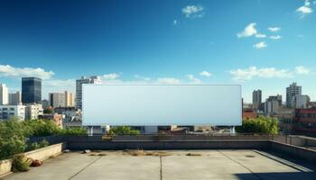 A large billboard sits on a rooftop in a city photo