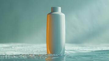 A white bottle of shampoo is floating on the surface of the water photo