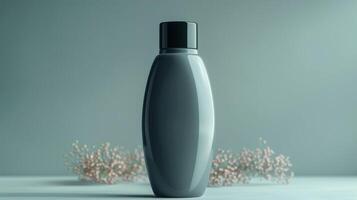 A bottle of perfume is sitting on a table next to some flowers photo