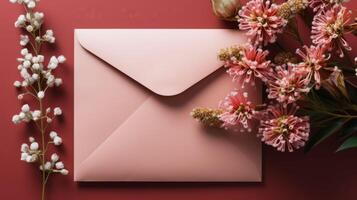 A pink envelope sits on a red background with pink flowers photo