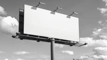A large billboard with a white background and a black and white sky photo