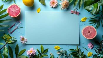 A blue background with a white sign and a bunch of fruit and flowers photo