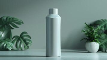 A bottle of shampoo is sitting on a table next to a potted plant photo