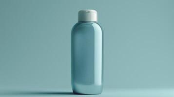 A clear bottle with a white cap sits on a blue background photo