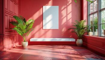 A red room with a white wall and a white picture frame photo