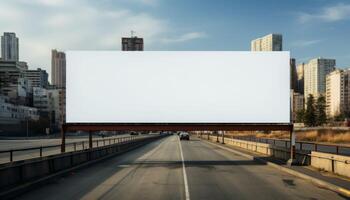 A large billboard is on a highway in a city photo