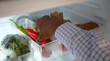 plastic containers with different fruits in a open fridge. video