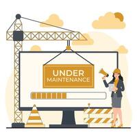 Under maintenance concept. flat design illustration of woman builder with megaphone and building crane on background. vector