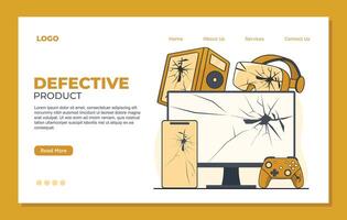 Defective product landing page template with bad quality broken computer monitor, gamepad and phone vector