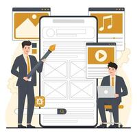 Mobile ui-ux concept illustration Businessman with laptop and tablet. illustration in flat style. vector