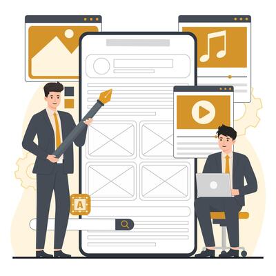 Mobile ui-ux concept illustration Businessman with laptop and tablet. illustration in flat style.