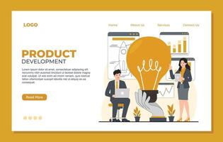 product development landing page template. Landing page template with business people working together on project. vector