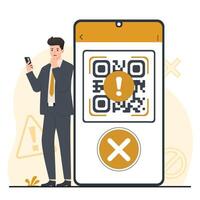 QR code error Smartphone with QR Code and Businessman. illustration in flat style vector
