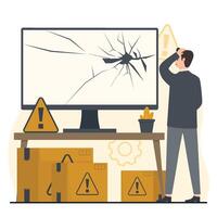 Defective product concept Man in front of computer screen with broken screen. Damaged display. Flat illustration. vector