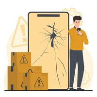 Defective product concept Smartphone with broken screen. illustration in flat cartoon style. vector