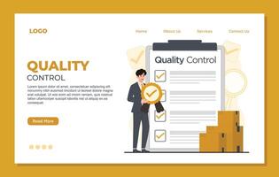 Quality control landing page template concept. product Iso 9001 certification illustration for web design vector