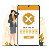 Forgot password Surprised woman looking at mobile phone with error message on screen. Flat illustration. vector