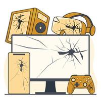 Defective product concept Broken computer screen gamepad smartphone. illustration in flat style vector