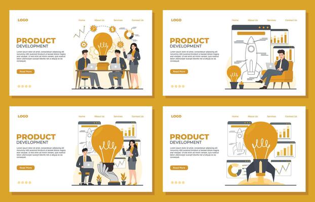 Set of landing pages product development landing page template. illustration