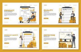 product quality control landing page template Set of landing pages with business people characters. Flat illustration. vector