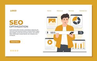 Seo landing page template illustration of SEO optimization. Flat design style. Landing page template. vector