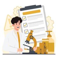 Product safety control quality control concept Scientist man with microscope and checklist. illustration in flat style vector