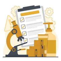Product safety control quality control concept illustration of clipboard with checklist, hand sanitizer bottle, microscope, boxes. vector