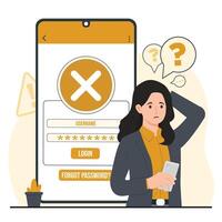 Forgot password Surprised woman looking at mobile phone with error message on screen. Flat illustration. vector