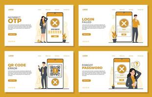 Set of landing page verification failed illustrations concepts Forgot password Login failed Incorrect otp QR code error vector