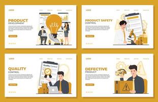 product quality control landing page template of project management, development, brainstorming, teamwork. Landing page template. vector