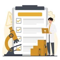 Product safety control quality control concept illustration of a clipboard with a checklist and a man in a white coat with a laptop. vector