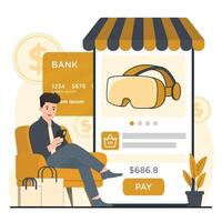 Online shopping concept. Flat illustration of a man sitting on a sofa with a smartphone in his hands and using a virtual reality headset. vector