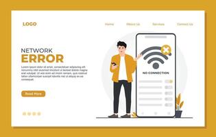 Network Error 404 concept for landing page template web site design template with flat illustration of man with smartphone and internet connection icon. vector