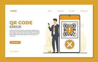 QR code error on smartphone screen flat illustration. Businessman using mobile phone to scan qr code on smartphone screen. vector