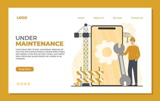 Under maintenance landing page template Under maintenance web page design template. Repairman with wrench and tool. illustration vector