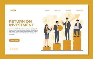 Return on investment Landing page template web banner Businessman and businesswoman standing on stack of coins. illustration vector